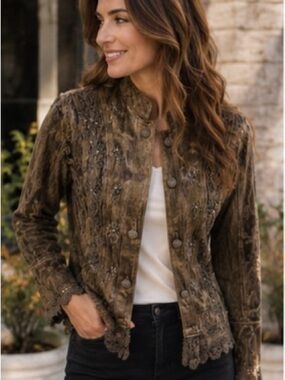 Flashback Embroidered Boho Jacket Lace Trim Button Front Small